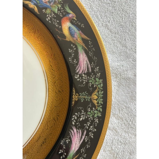 Hutschenreuther China Set of 12 Pristine Hutschenreuther Black Knight Porcelain Dinner Plates – Gold Encrusted Pheasant & Fruit Motif, Mid-20th Century, Decorated in Usa For Sale - Image 4 of 10