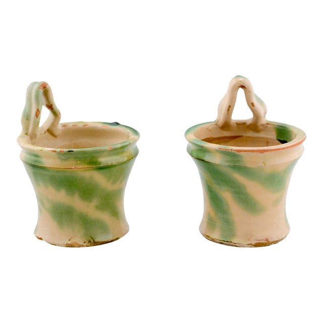 French 19th Century Green and Yellow Glazed Pottery Hanging Planters - A Pair For Sale