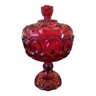 Vintage Smith Glass Pressed Ruby Moon and Stars Compote With Lid For Sale