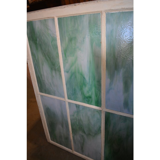 Vintage Large Green Blue & White Slag Glass 6 Pane Window Panel From Va Church For Sale - Image 6 of 18