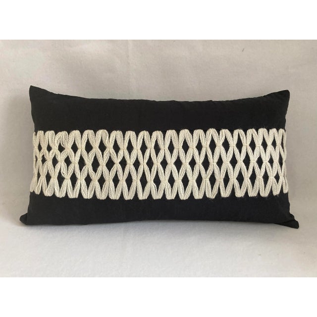 Contemporary Black & White Trellis Embroidered Taffeta Lumbar Pillow Cover For Sale In New York - Image 6 of 6