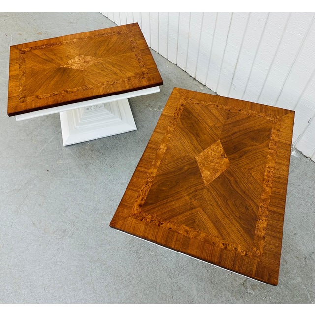This listing is for a pair of vintage Burled Walnut Side Tables. Featuring a rectangular top, painted white pedestal base,...