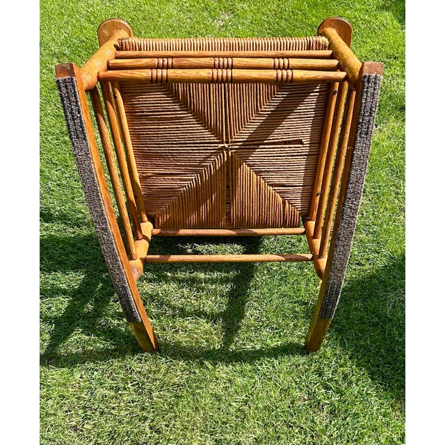 1960s Extra Large Adult, Rush-Woven Seat and Backrest, Solid Oak, Turned Legs and Spindles, Wide Arm Rests, 1960’s, For Sale - Image 5 of 6