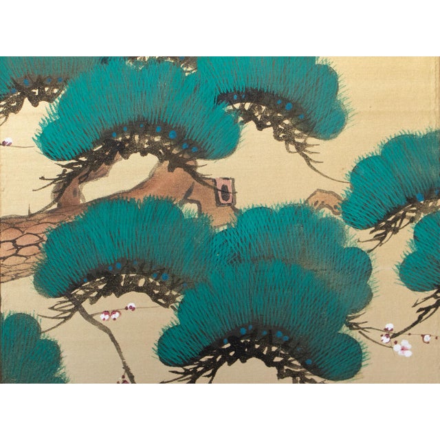 C. 1960s Showa Era Japanese Painted Silk Byobu Screen "Evergreen Pine Tree" For Sale - Image 11 of 18