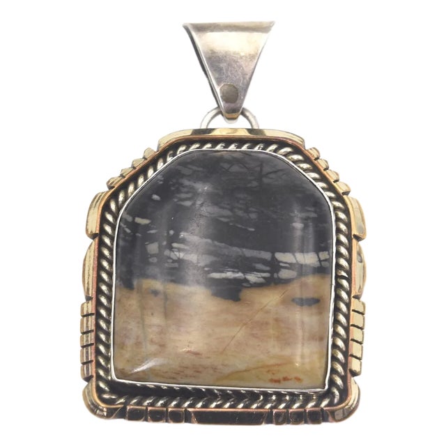Zuni Native American Picasso Marble Stone Sterling Silver Hexagonal Pendant by Sensa Eustace For Sale
