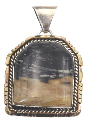 Zuni Native American Picasso Marble Stone Sterling Silver Hexagonal Pendant by Sensa Eustace