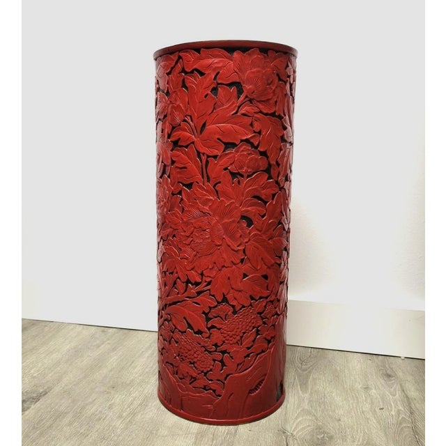 Large Beijing Carved Red Cinnabar-Style Lacquer Floor Vase or Umbrella Stand With Peonies & Pheasant For Sale - Image 9 of 12