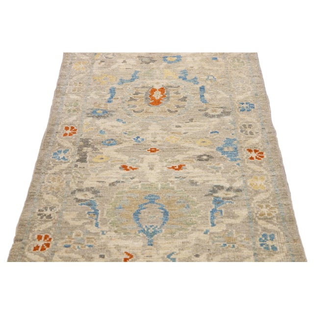 Modern Beige Floral Modern Handmade Sultanabad Wool Runner For Sale - Image 3 of 10