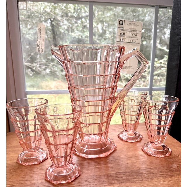 Vintage Rare Pattern Indiana Glass Tea Room Pink Five-Piece Set includes four tumblers and one pitcher, all made in the...
