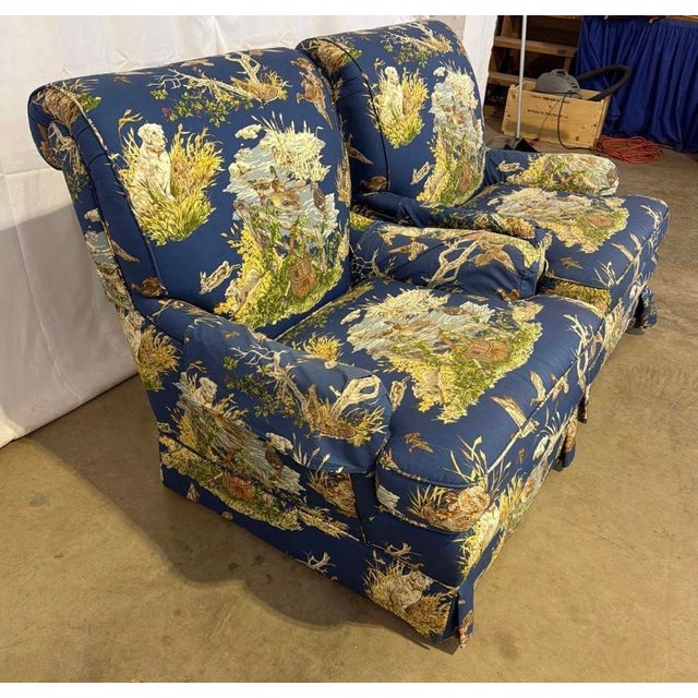 Vintage Bench-Made 3-Piece Living Room Set in Schumacher "Dog & Duck" Indigo Linen – Sofa & 2 Matching Chairs For Sale - Image 11 of 18