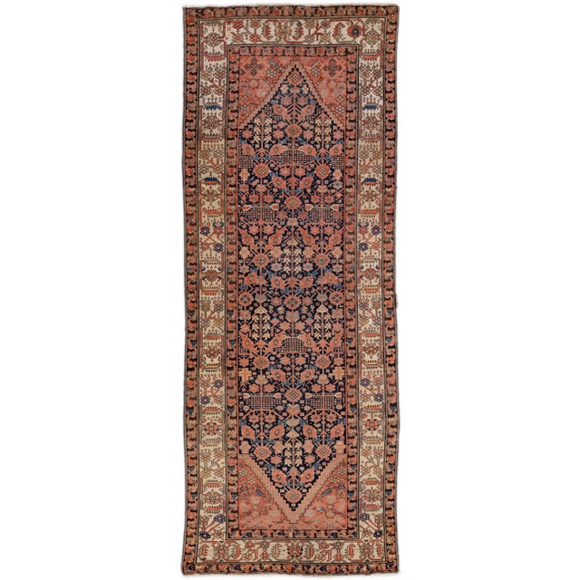 Antique Malayer Handmade Allover Motif Blue and Rust Wool Runner For Sale - Image 9 of 9