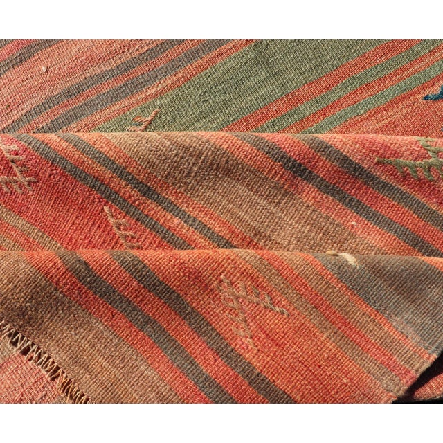 Multicolor Striped Vintage Turkish Kilim Runner With Coral Blue Tones For Sale - Image 10 of 11