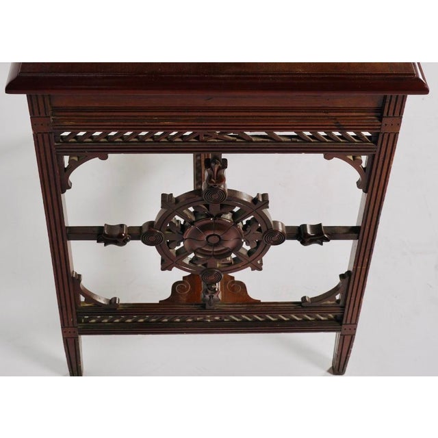 Victorian 1880s English Aesthetic Movement Mahogany Writing Desk With Pierced Geometric Carving For Sale - Image 3 of 9