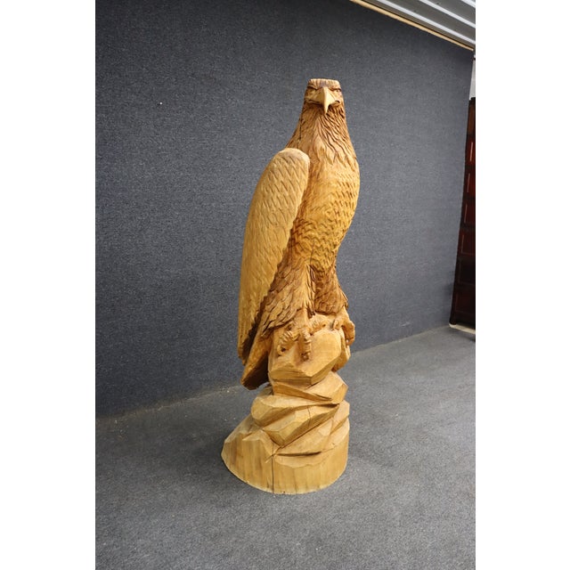 Large Hand-Carved Pine Bald Eagle Sculpture on Saw-Cut Base For Sale - Image 4 of 13
