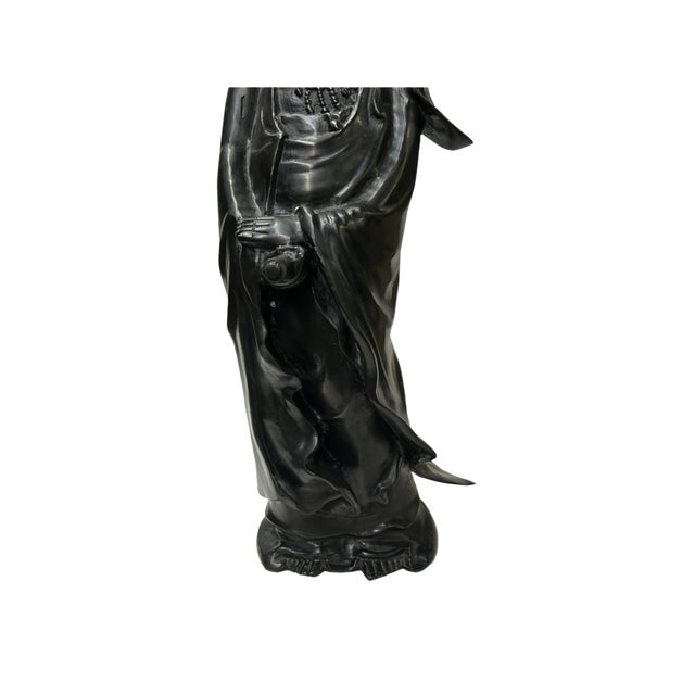 Metal Vintage Chinese Black Metal Bodhisattva Kwan Yin Buddha Statue For Sale - Image 7 of 11