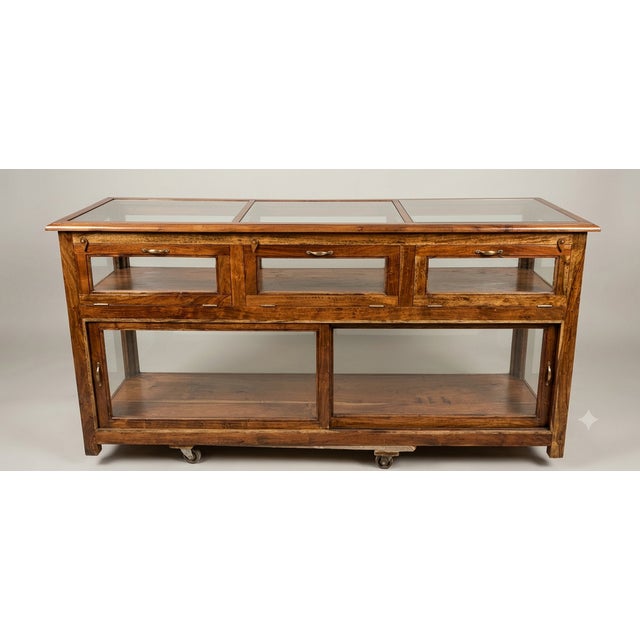 old shop display counter with two sliding doors and three folding doors, completely in solid teak