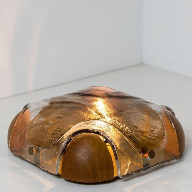 Rounded Angle Wood Smoked Layered Glass Flush Mount attributed to Kaiser, 1960s For Sale - Image 10 of 16