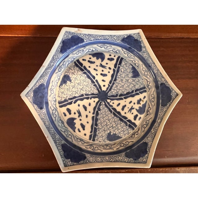 Antique Chinese Blue & White Hexagonal Porcelain Dish Plate Swastika Fret For Sale In San Francisco - Image 6 of 6