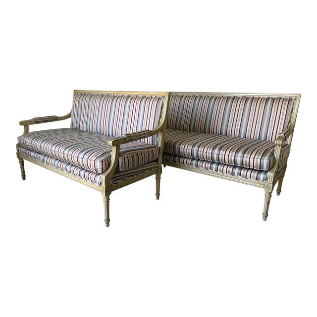 Vintage French Neoclassical Louis XV Style Striped Upholstery Settees – Pair For Sale