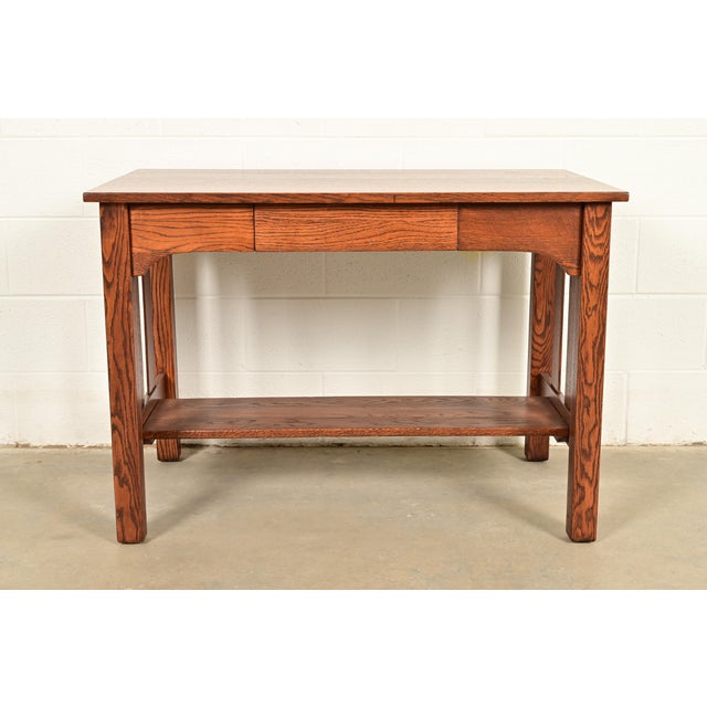Mission Stickley Brothers Style Antique Mission Oak Arts & Crafts Writing Desk, Newly Refinished For Sale - Image 3 of 14