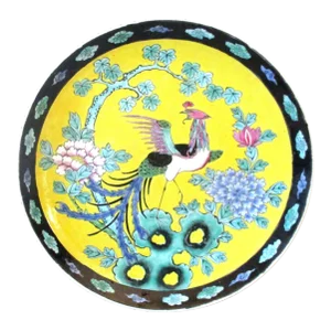 Antique Yellow Black Rim Japanese Enamel Porcelain Dahlias Bird of Paradise Plate