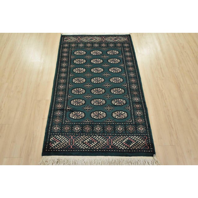 Cabin Bokhara Rug 3’7” X 5’9” Green Wool Tribal Hand-Knotted Oriental Carpet For Sale - Image 3 of 12