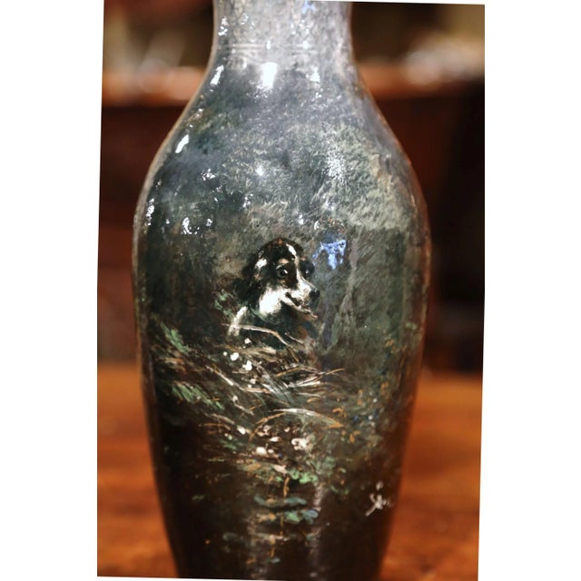 19th Century French Saint Amand Painted Ceramic Vases With Dog Motifs by Petit For Sale - Image 9 of 12