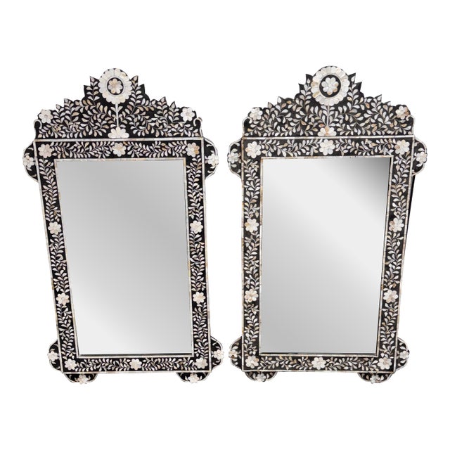 Moroccan Style Mother-of-Pearl Inlaid Floral Wall Mirrors, Pair For Sale
