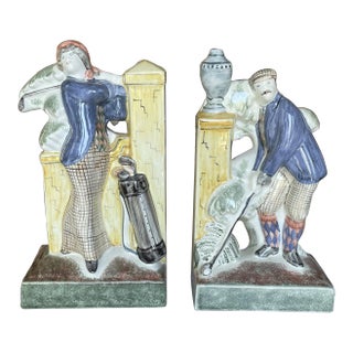 2000s Collectible Rye Pottery Golfer Bookends - a Pair For Sale