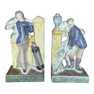 2000s Collectible Rye Pottery Golfer Bookends - a Pair