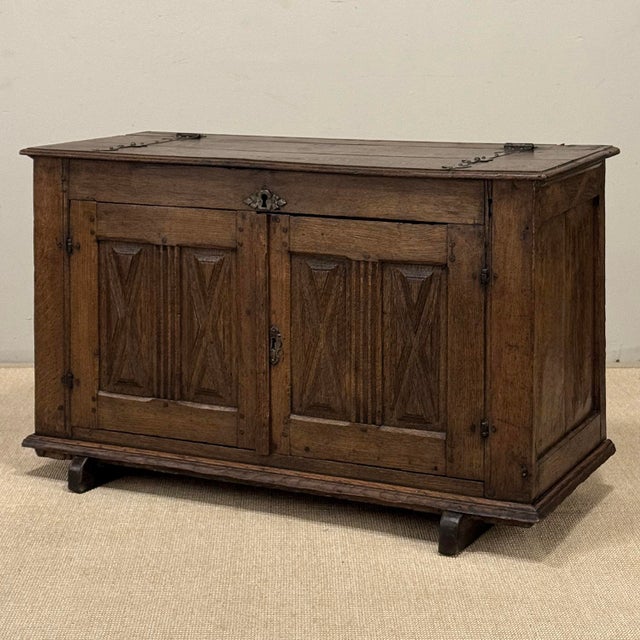 Rustic European 18th Century Dutch Hand-Carved Oak Trunk Adapted as Buffet For Sale - Image 3 of 18