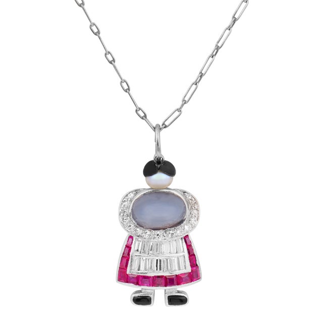 1930s Art Deco Diamond Ruby Star Sapphire Platinum Charm Necklace For Sale