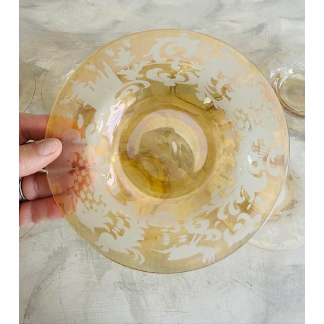 Vintage Bohemian Amber Etched Glass Plates- Set of Eight - 6.625 Inch Heraldic Castle Deer Motif 1920s 1930s For Sale - Image 9 of 11