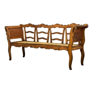 Antique Country French Pine Swan Neck Rush Bench Settee For Sale