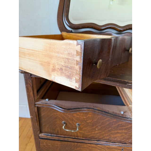 Antique American Tiger Oak Serpentine Dresser With Swing Mirror C. 1900-1915 For Sale - Image 4 of 5