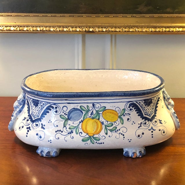 Offering a stunning 19th Century maiolica jardinière from Italy. This is a large, hand-painted blue and white oval...