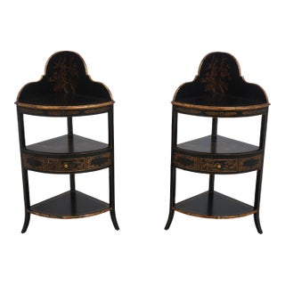 Pair Chinoiserie Decorated Corner Etagere Shelves W Drawer For Sale