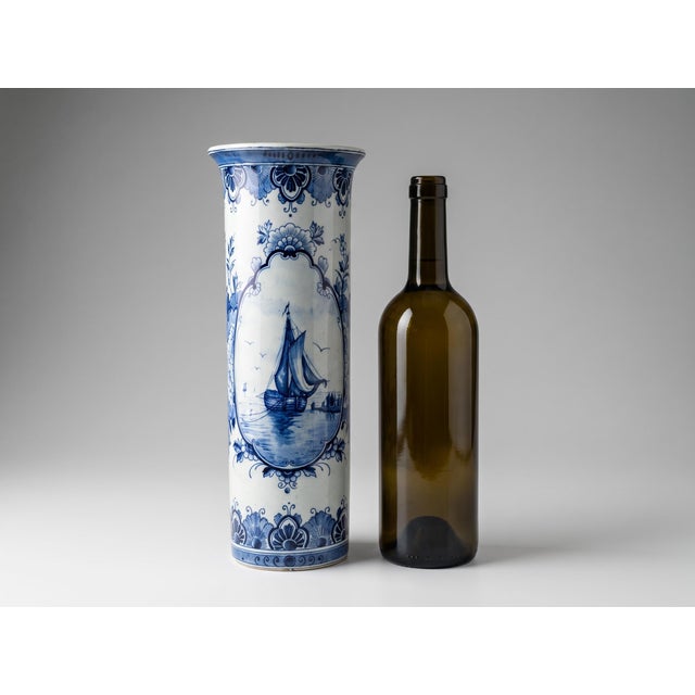 Vintage Hand-Painted Dutch Delft Blue Sailing Ship Vase, 1950s For Sale - Image 3 of 17
