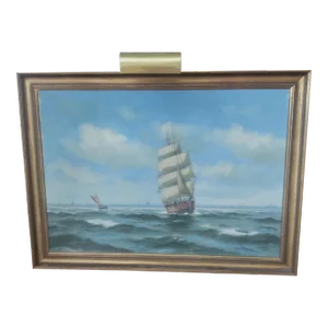 1920s Large Listed Danish Artist Seascape Sailing Vessel Brigantine & Tugboat, Framed