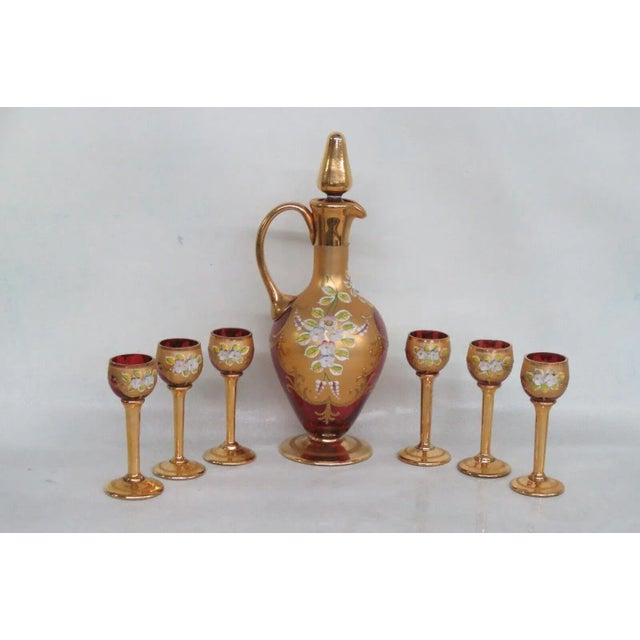 Murano Style Bohemian Cranberry Gold Floral Decanter and Six Glasses Set For Sale - Image 13 of 13