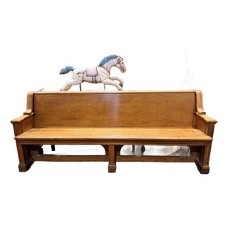 Vintage Solid Wood Church Bench Pew With Straight Back and Arm Supports For Sale