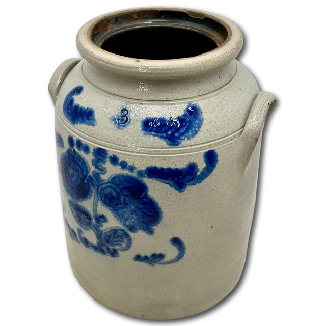 Late 19th Century Ourtstanding Antique Large 3 Gallon Size American Blue Hand Decorated Stoneware Butter Churn - Circa 1870s For Sale - Image 5 of 18