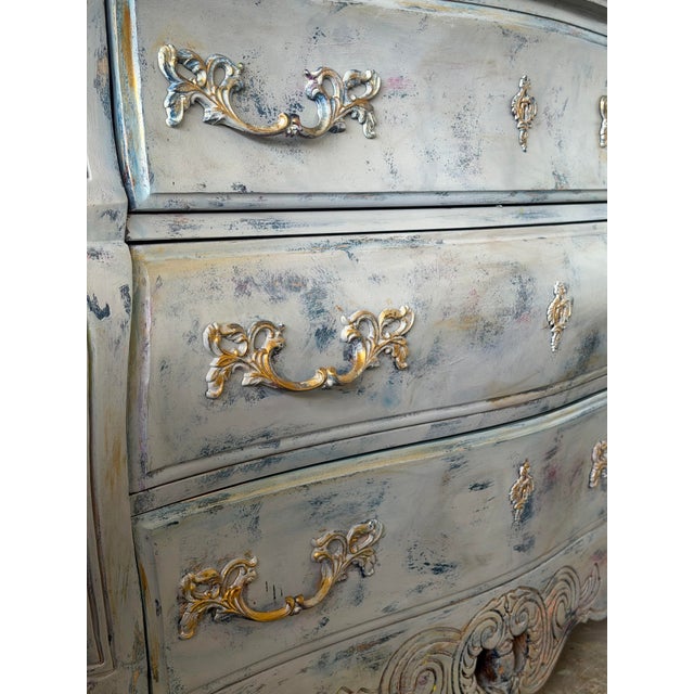 Wood 1990s Hand-Painted Bombe Chest of Drawers — Baroque Rococo | Dovetail Drawers | Distressed Blue, Gray & Gold | Maison Martine For Sale - Image 7 of 8