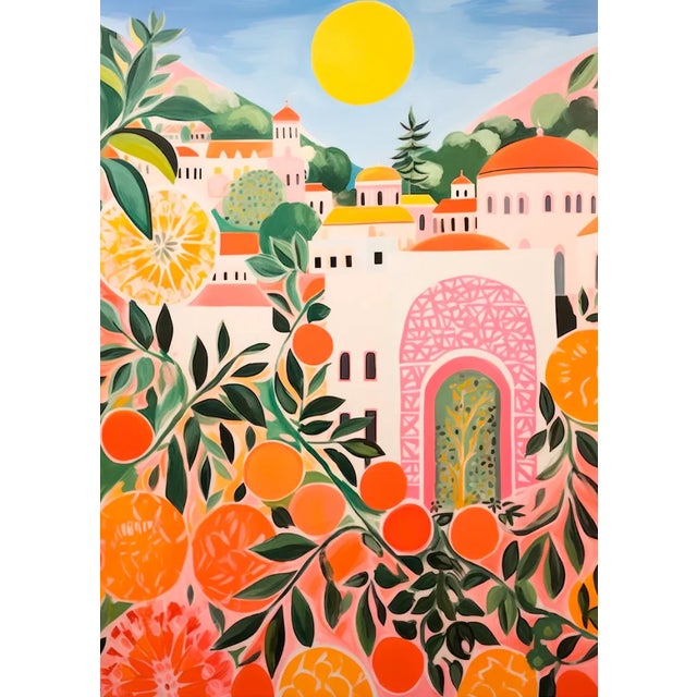 Sunny Citrus Orchard and Mediterranean Village - Vibrant Giclee Art Print, 9"x12" For Sale