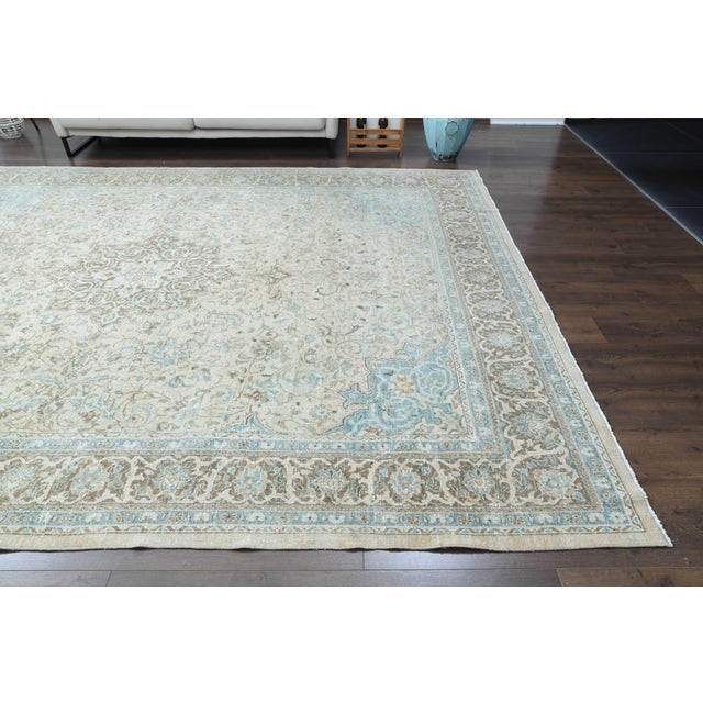 1970s Vintage Persian Handmade Wool Cotton Beige Blue Area Rug For Sale - Image 10 of 11