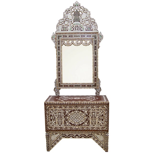 Vintage Moorish Mother-Of-Pearl Inlaid Walnut Console Table & Mirror Set For Sale - Image 13 of 13