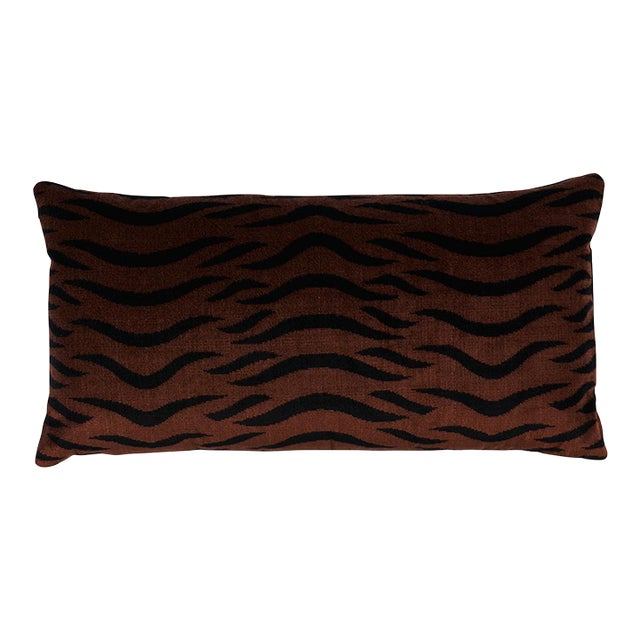 Schumacher Sabi Tiger Velvet 24" Lumbar Pillow in Java For Sale