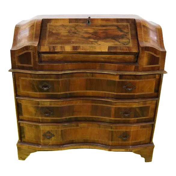 Wooden Writing Desk with Inlays and Three Curved Drawers For Sale