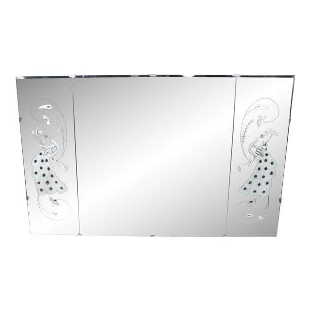 Vintage Mid Century Art Deco Hollywood Regency Three Panel Peacock Mirror For Sale