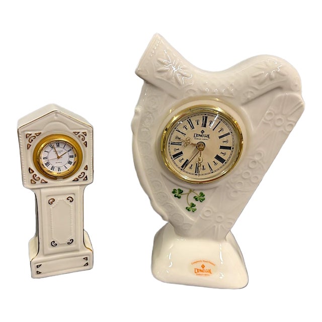 Vintage Irish Donegal Shamrock Parian China Mantel Clock Set - Harp & Grandfather - Pair For Sale